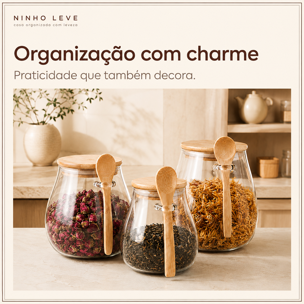Pote Hermético de Vidro com Tampa de Bambu