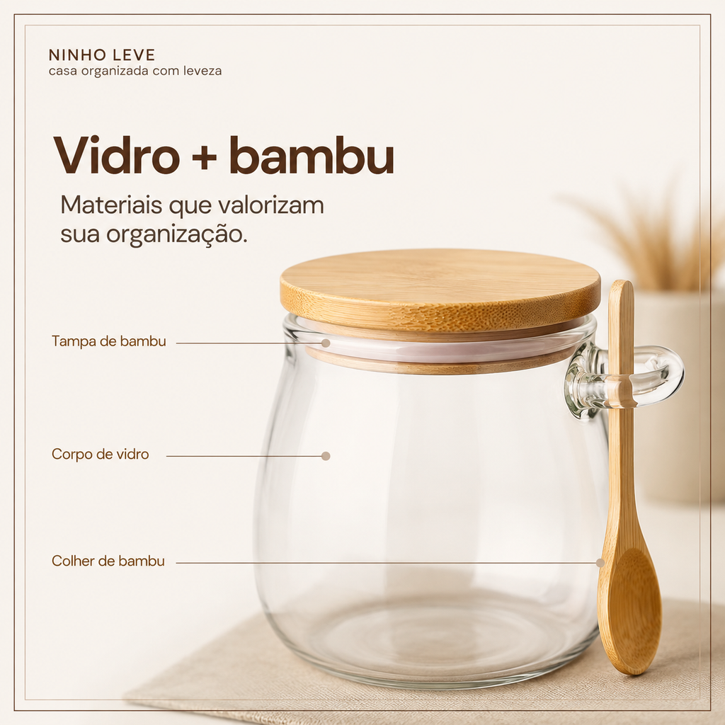 Pote Hermético de Vidro com Tampa de Bambu