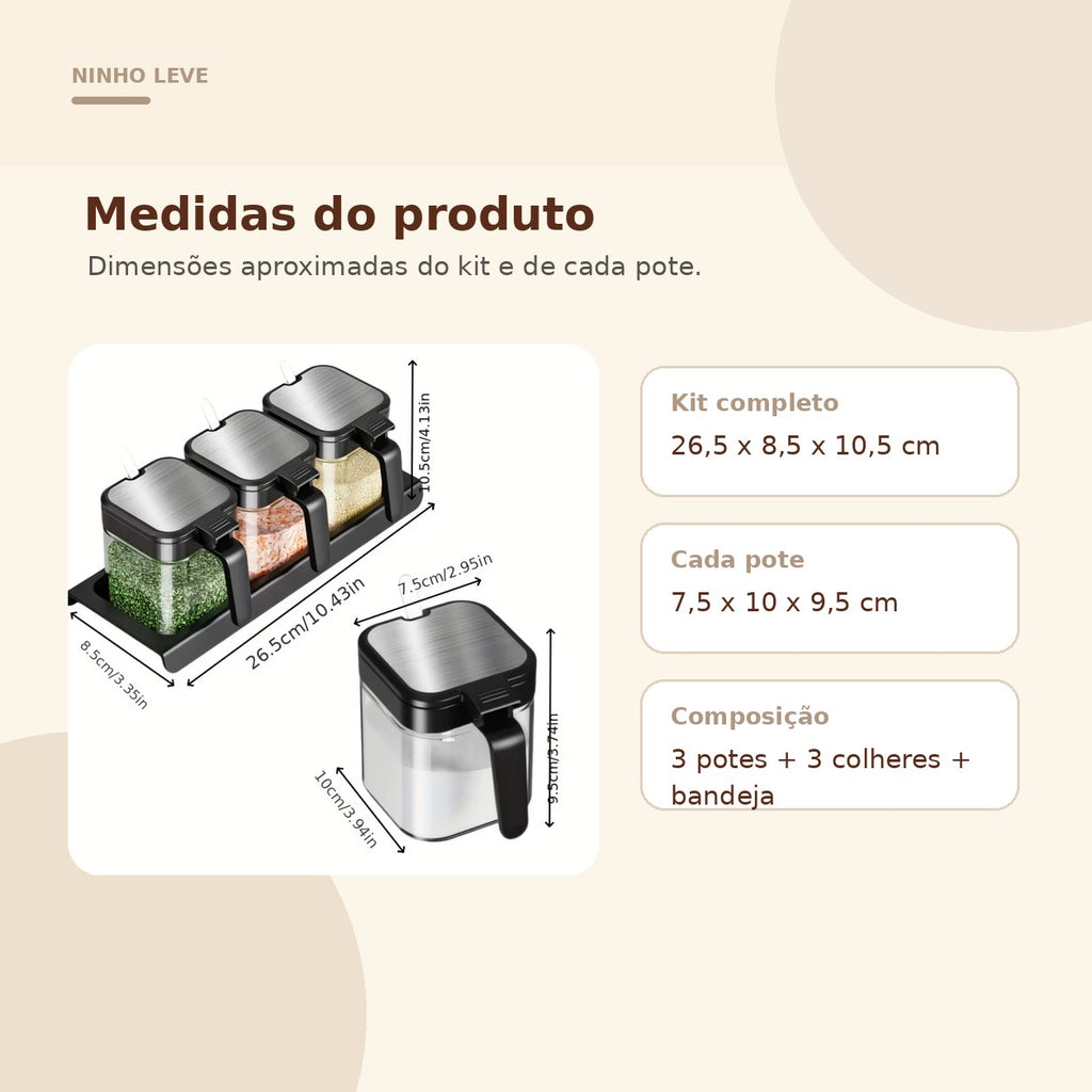Kit Porta Temperos com Colheres – 3 Peças