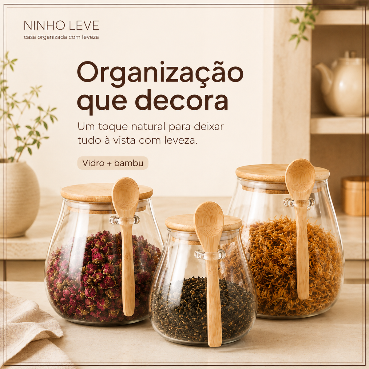 Pote Hermético de Vidro com Tampa de Bambu